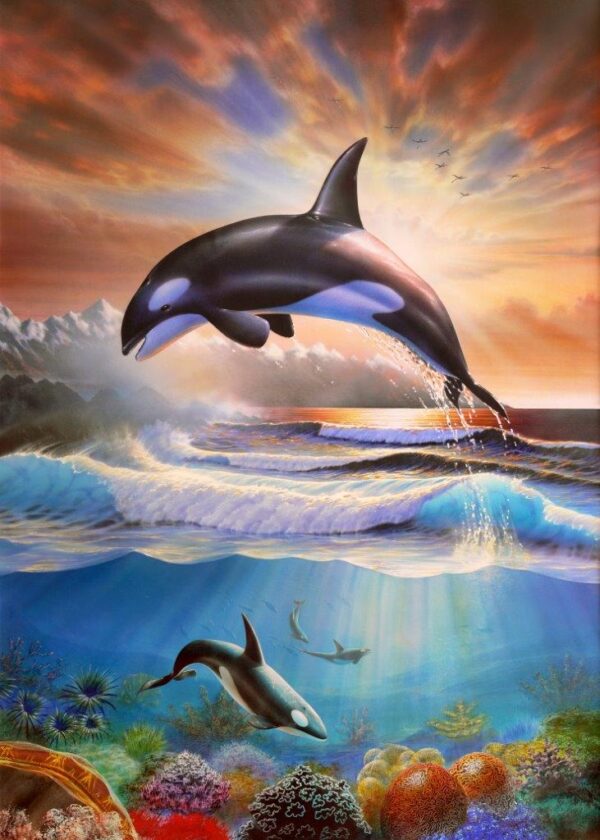 Adrian Chesterman's Divine Orcas jumping out of Sea Wall Mural