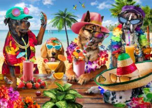 Adrian Chesterman's Dogs drinking smoothies on a tropical beach Wall Mural