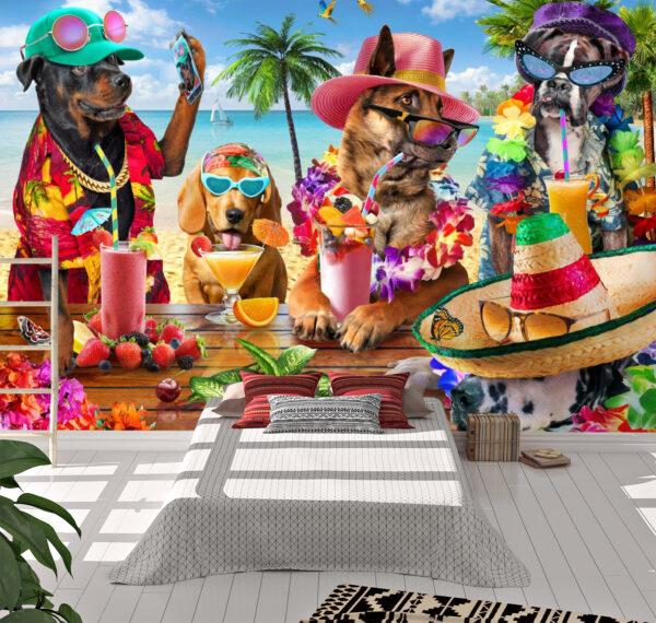 Adrian Chesterman's Dogs drinking smoothies on a tropical beach Wall Mural - Image 2