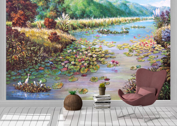 Calm Oil Painting of Lotus Wall Mural