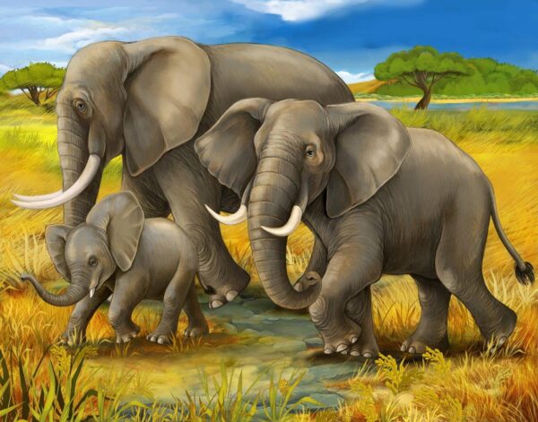 Happy Elephants Roaming the Grasslands Wall Mural