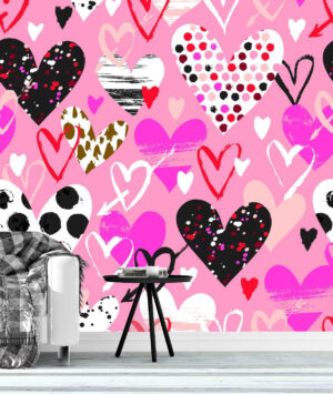 Hand Drawn Colorful Hearts Wall Mural