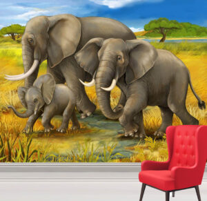 Happy Elephants Roaming the Grasslands Wall Mural
