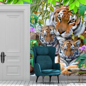 Tiger, cubs, Wall mural, Flowers jungle,