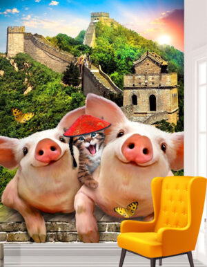 Pigs and cats, The Great Wall of China, Wall mural