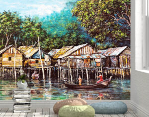 Sleek Oil Painting of Stilt Houses Wall Mural