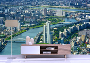 Aerial City at Calm Sumida River Wall Mural
