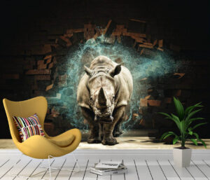 Rhino Destroy Brick Wall 3D Wall Mural