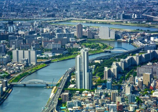 Aerial City at Calm Sumida River Wall Mural