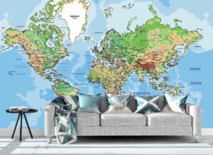 Labelled Geographic World Map Wall Mural