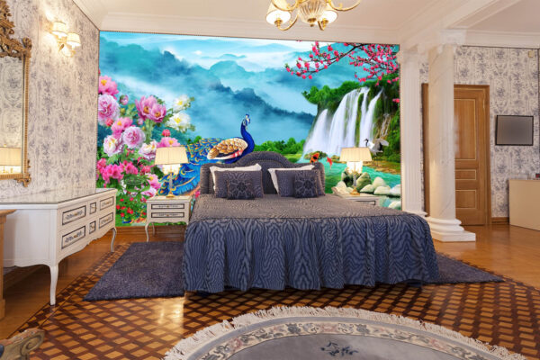 Natural 3D with Waterfall and Peacock Wall Mural
