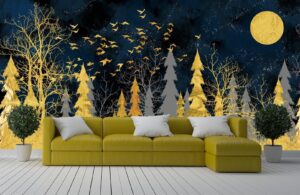 Dark Blue and Gold Jungle 3D Wall Mural