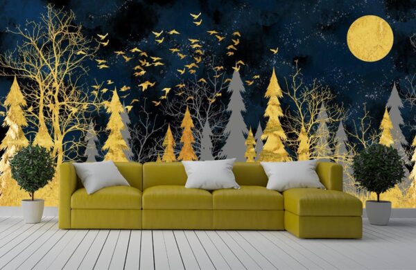 Dark Blue and Gold Jungle 3D Wall Mural