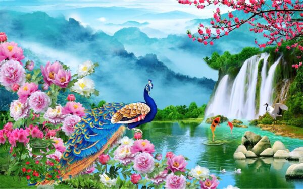 Peacock, 3D Natural, Wall mural, Floral, Waterfall