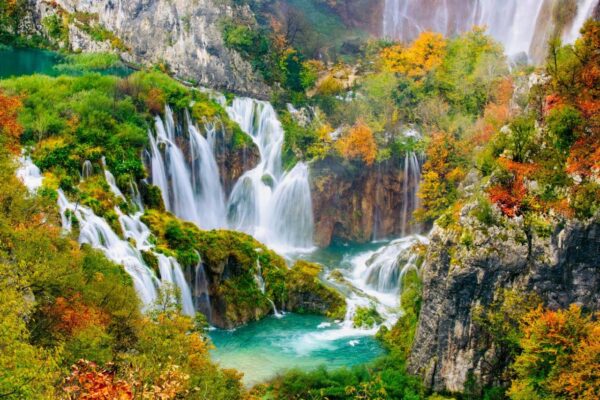 beautiful waterfalls in the sunshine in Plitvice National Park