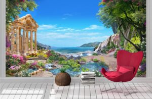 Roman garden with flowers and a lake Wall mural