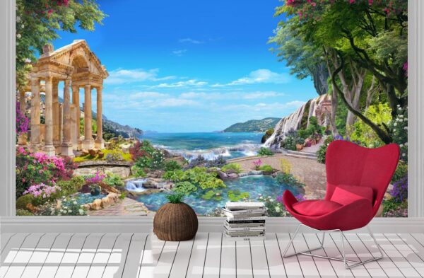 Roman garden with flowers and a lake Wall mural