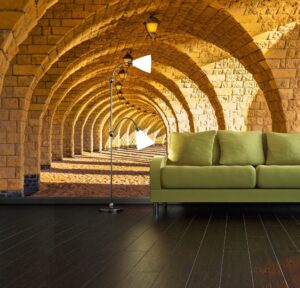 The arched stone colonnade with suspended lanterns Wall mural