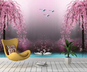 3d wallpaper swan pink tree water