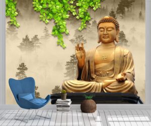 Golden Bhuddha meditating with forest background