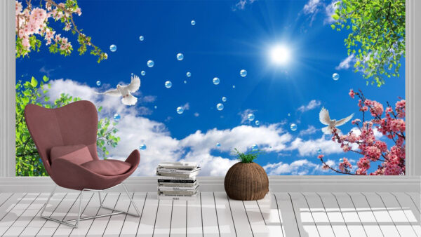 Flying Doves on a Bubbly Day Wallmural