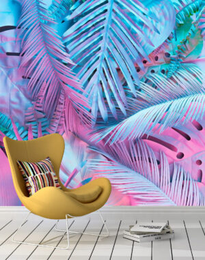 Tropical and palm leaves in vibrant bold gradient holographic neon colors