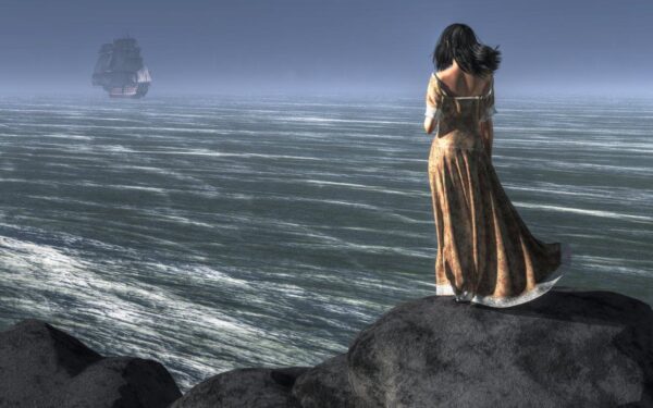 A dark haired woman stands atop a cliff looking out to sea