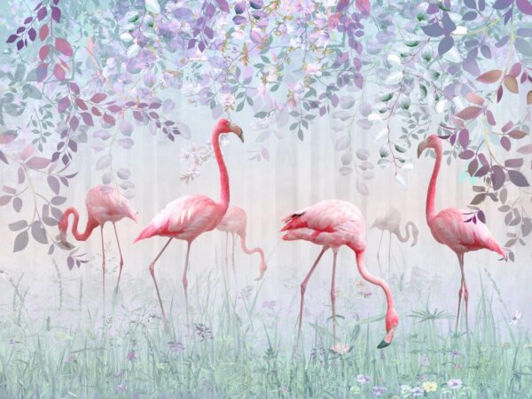 Pink Flamingos in a Delicate Garden Wall Mural - Image 2