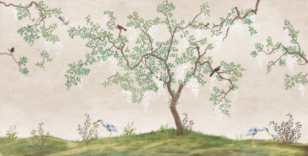 Flowering tree in the Japanese garden with birds