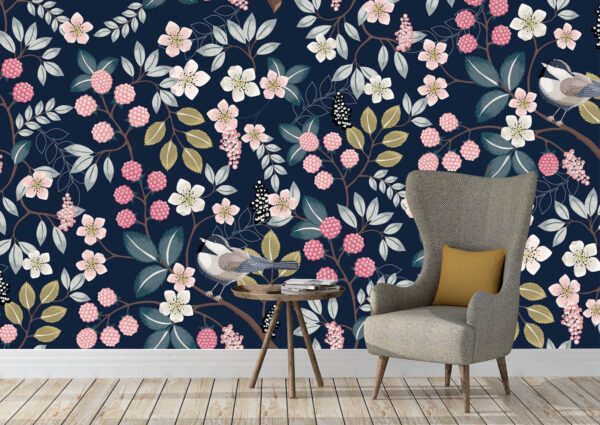 Floral-pattern-with-cute-birds-dark-background