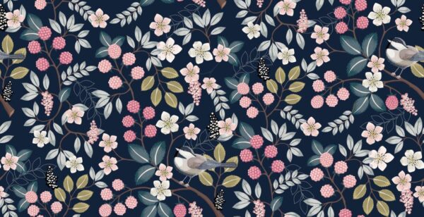 Floral pattern with cute birds dark background