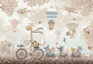 big giraffe on bicycle with animals wallpaper 3d