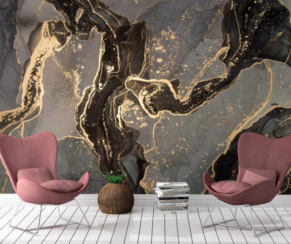 Luxury abstract fluid art painting Black, Gray and Gold  Wall Mural - Image 2