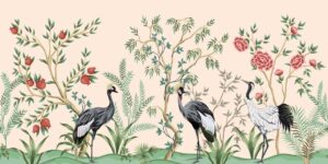 Exotic Garden with Crane Wall Mural